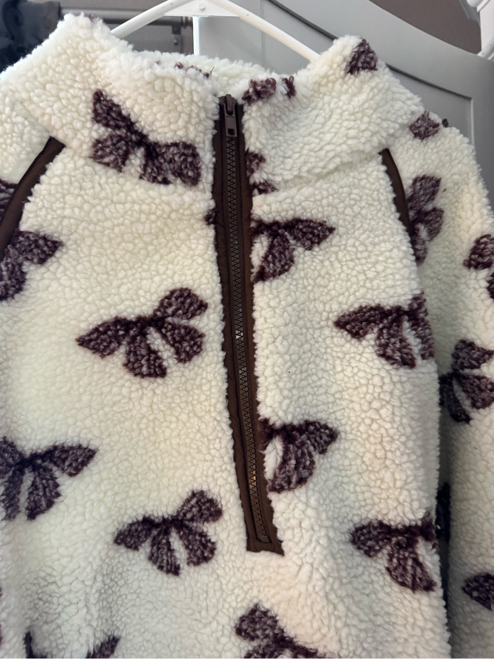 Cream Sherpa Turtleneck Pullover with Brown Bow Print - Picture 2 of 4